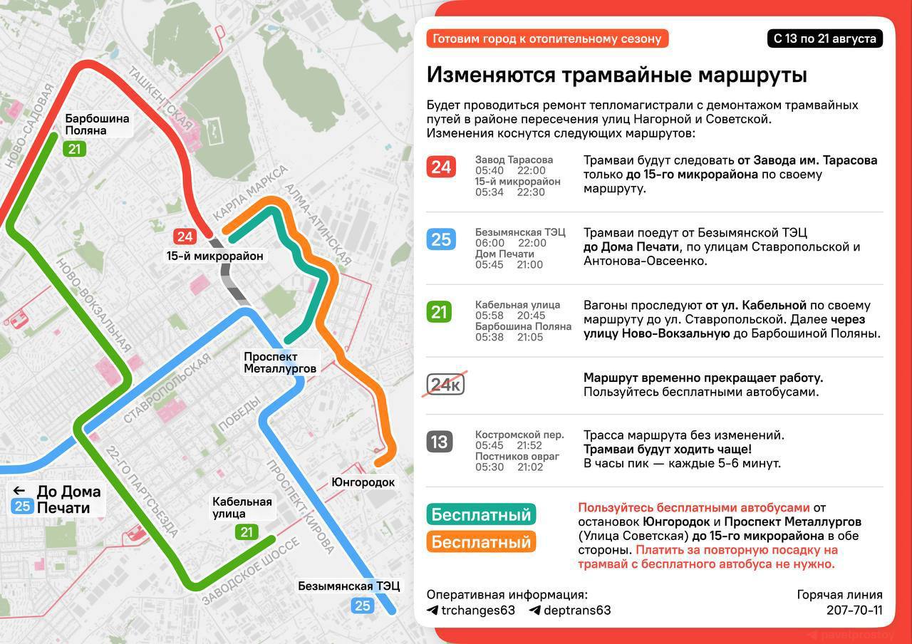 Закрытие трамвайных путей в Самаре: корректировка маршрутов с 13 по 21 августа 2025 года