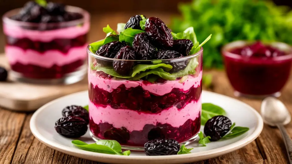 Слоёный салат со свёклой и черносливом – сытный, как закуска, и лежит неделю в холодильнике