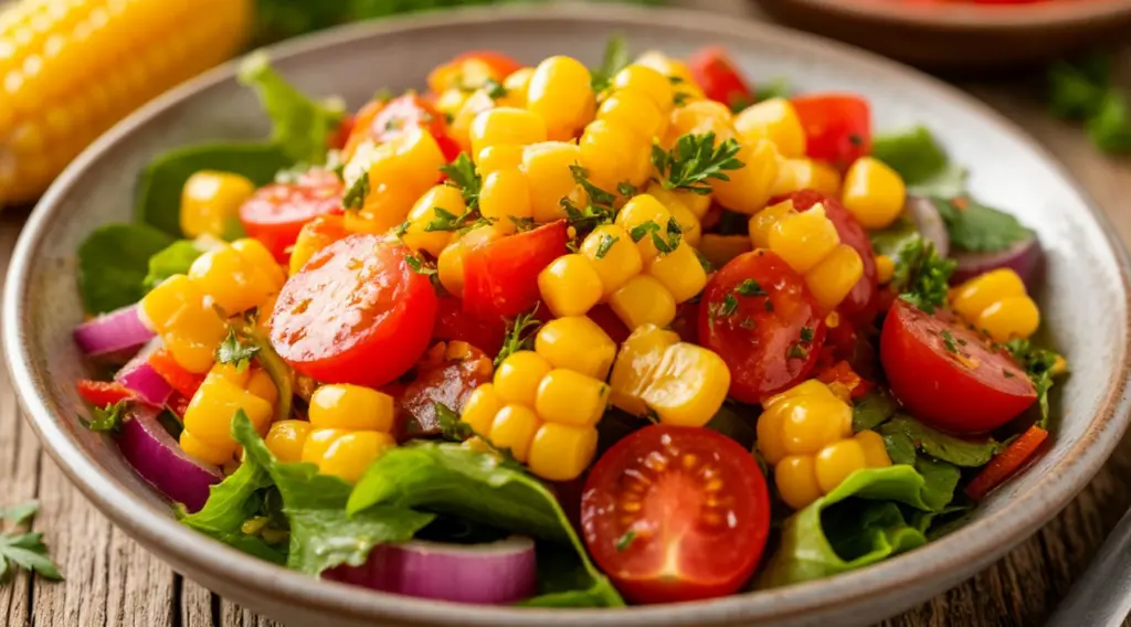 Овощной салат с кукурузой за 3 минуты— легкая закуска на новогодний стол: красиво, ярко, вкусно — «Цезарь» в пролёте