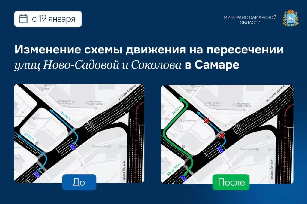 С 19 января будет запрещен левый поворот с Ново-Садовой на улицу Соколова в Самаре