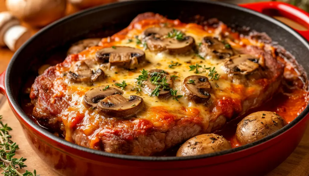 Потрясающее мясо в духовке с грибами и сыром – всего за полчаса